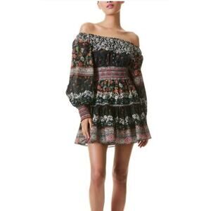 Alice + Olivia Black Clementina Floral Long Sleeve Cotton Mini Dress Size 0